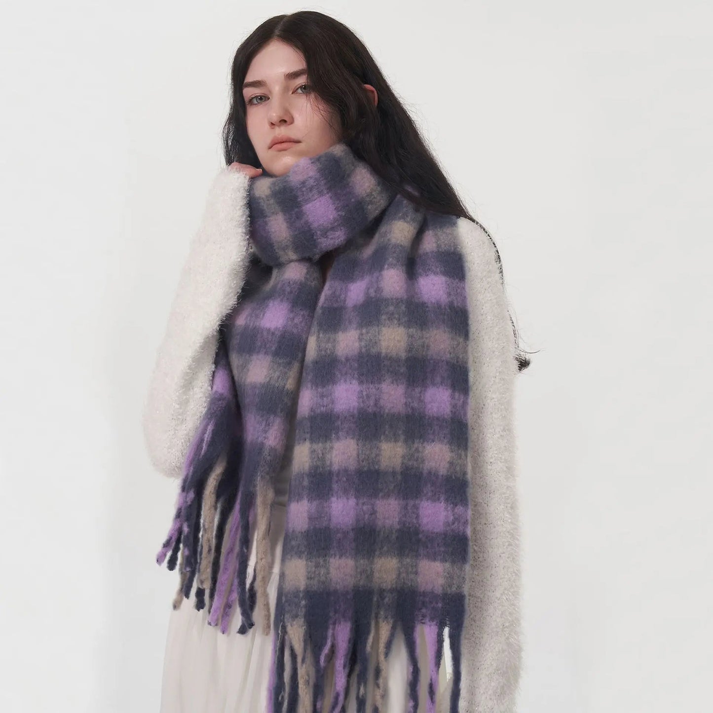 Winter Warm Cashmere Fashion Purple Gray Gradient Plaid Scarf