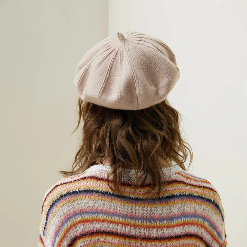 French Stripe Plaid Military Top Painter Beret Women Hat - Wool Knitted