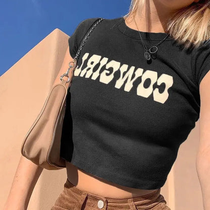 AMY FASHION - COWGIRL Print Casual Streetwear Short Sleeve Crop Top