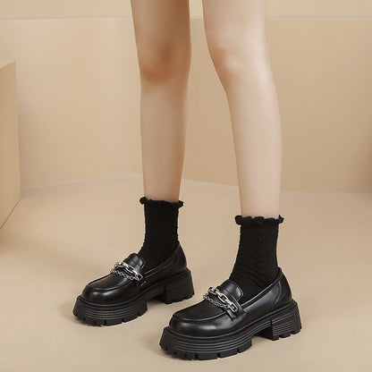 Fashion Thick Sole Chunky Heel Loafers British Style Autumn 2024 Black Metal Chain Women's Shoes