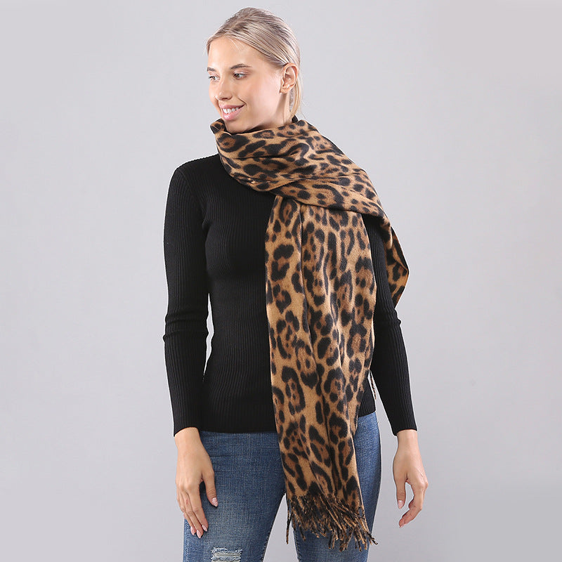 Autumn Winter Long Leopard Print Fringe Double-Sided Thick Warm Cozy Scarf