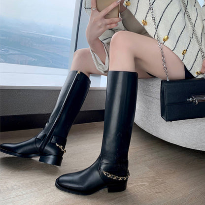 Cowhide Genuine Slim Chain High Tube Rider Boots Chunky Heel Over-Knee Round Toe Women's Shoes