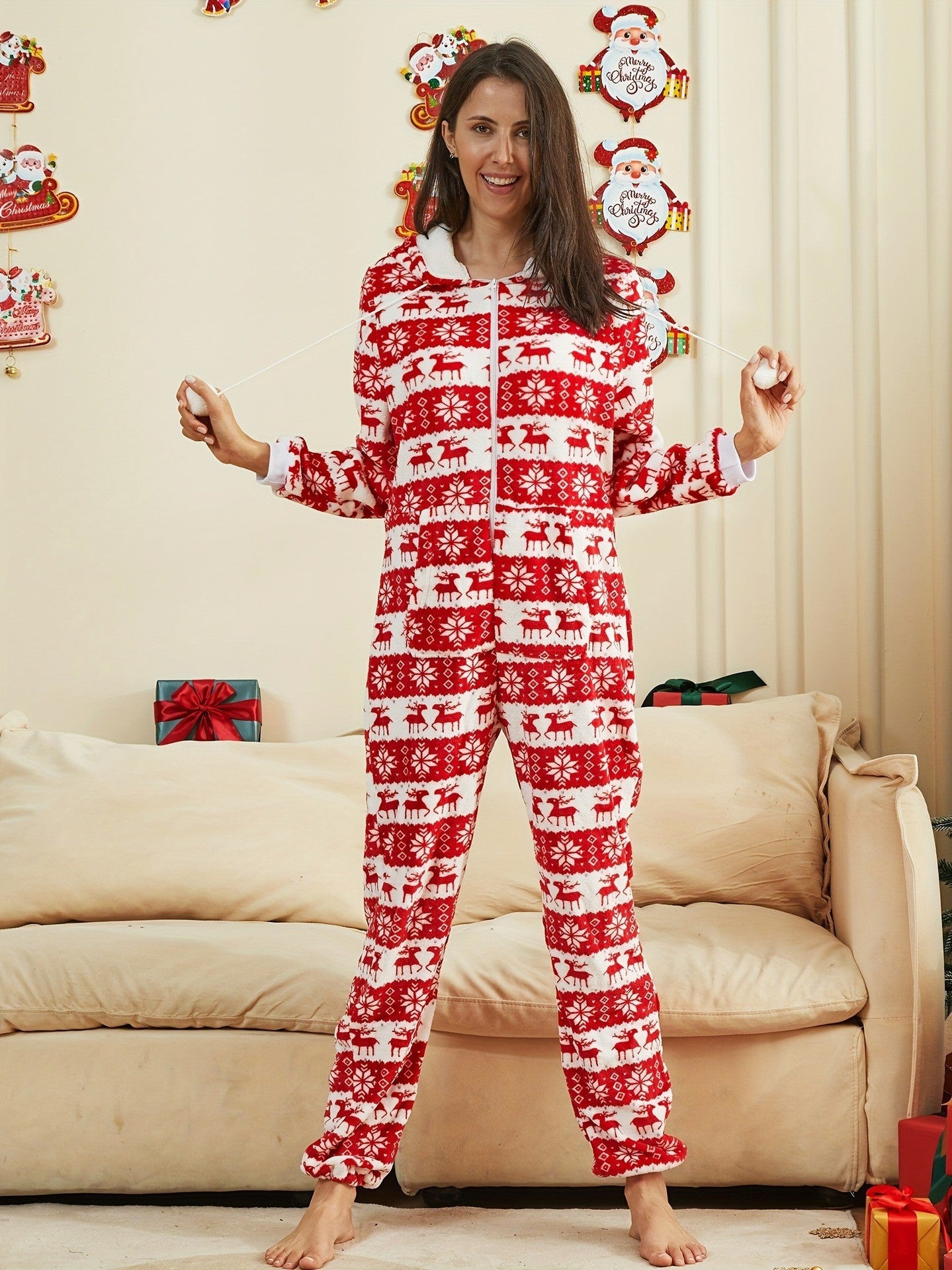 Christmas Reindeer Flannel One-Piece Pajama Suit