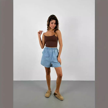 Casual Denim Button Vest Elastic Waist Shorts Suit