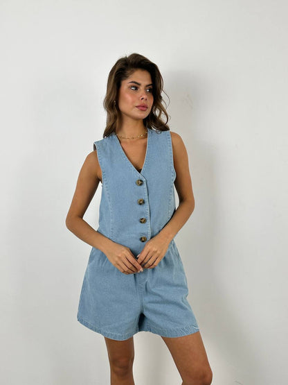 Casual Denim Button Vest Elastic Waist Shorts Suit