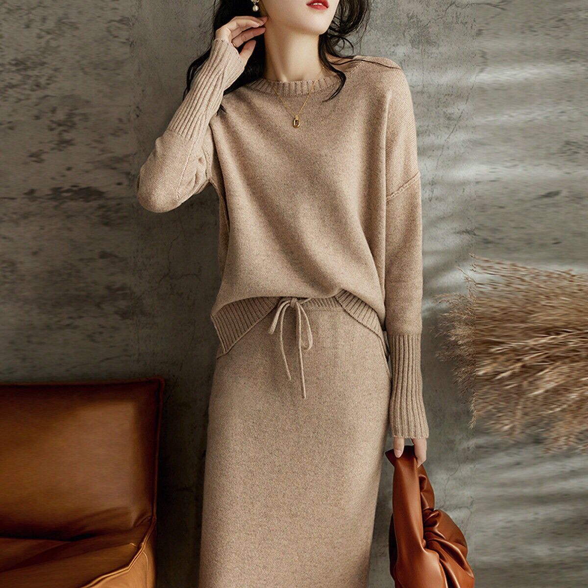 Stylish Knit Two-Piece Early Fall Skirt Suit