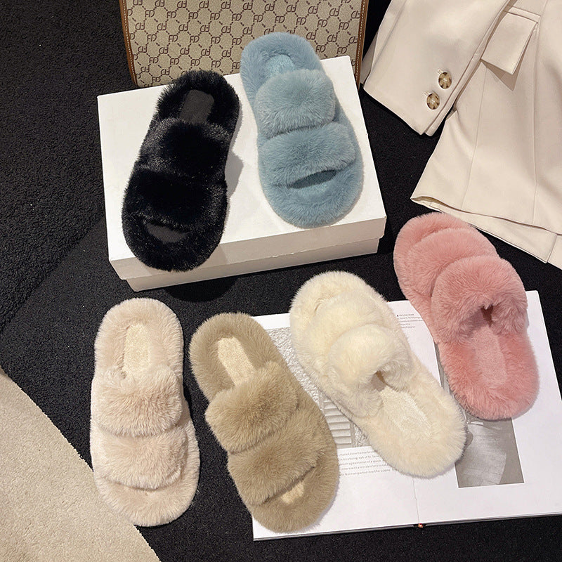 Thick Sole Cross Strap Fur Slippers Soft Sole Autumn Winter 2024 New Women's Home Cotton Sample Shoes