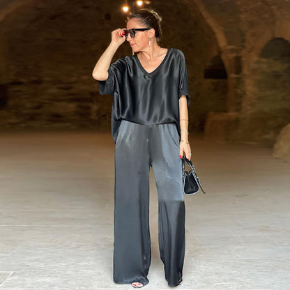 Plus Size Loose V-Neck Casual Wide-Leg Pants Suit