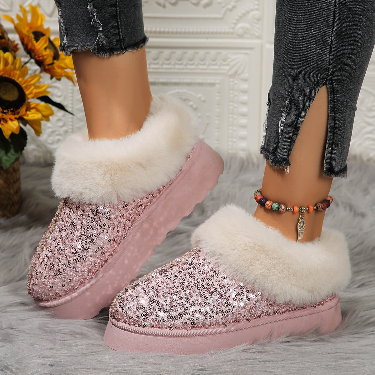 Thick Plush Sequined Bread Plus Size  Women's Autumn Winter New Snow Boots Shoes