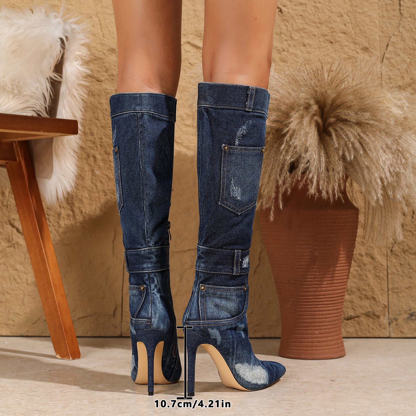 2024  Plus Size Pointed Toe High Heel Washed Denim Sexy Thin Heel Side Zipper Over-Knee Long Boots Shoes