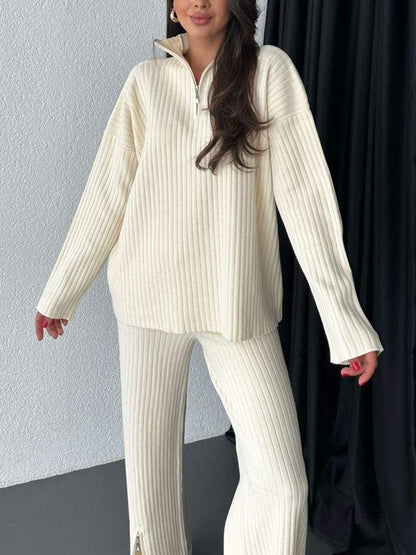 Simple Zipper Knitted High Neck Pajama Suit