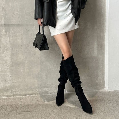 2024 New  Fashion Wholesale Autumn Winter Long Tube Ruched Pointed Toe Thin Heel High Boots Shoes