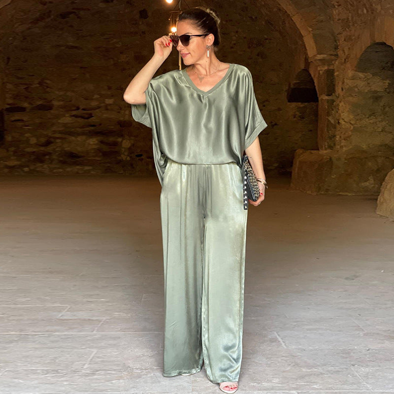 Plus Size Loose V-Neck Casual Wide-Leg Pants Suit