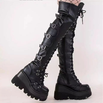 Plus Size Over-Knee Soft Leather Wedge Long Boots Spring Autumn 2024 Wish Hot Trade Rider Boots Women's Shoes