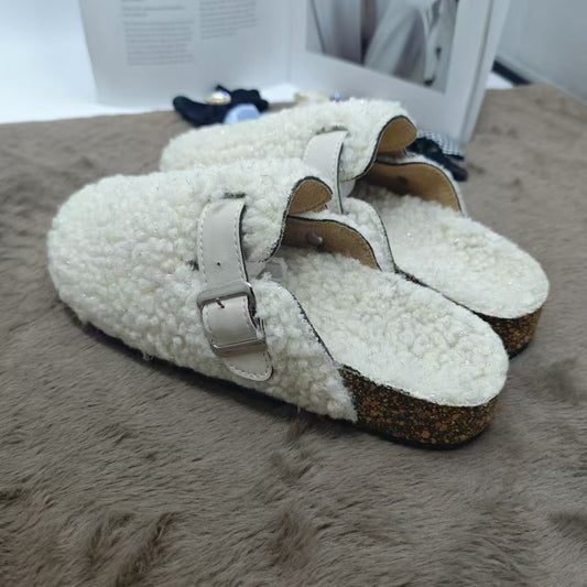 New Fleece Fur Buckle Sandals Closed Toe Half Slippers Autumn Winter Women's Shoes