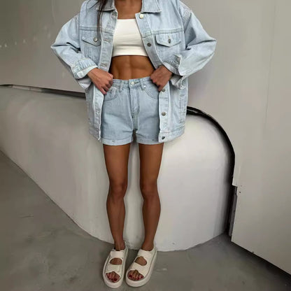 Retro Casual Chic High Waist Shirt Denim Suit