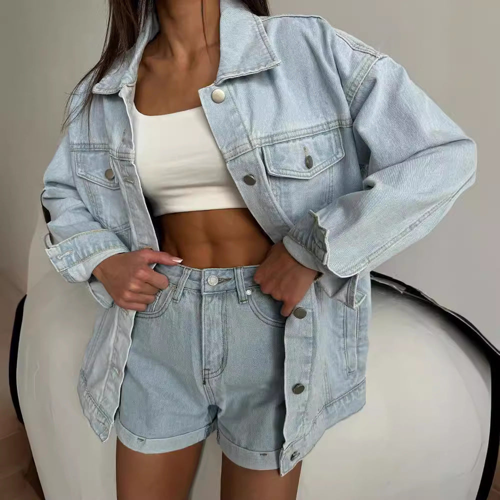 Retro Casual Chic High Waist Shirt Denim Suit