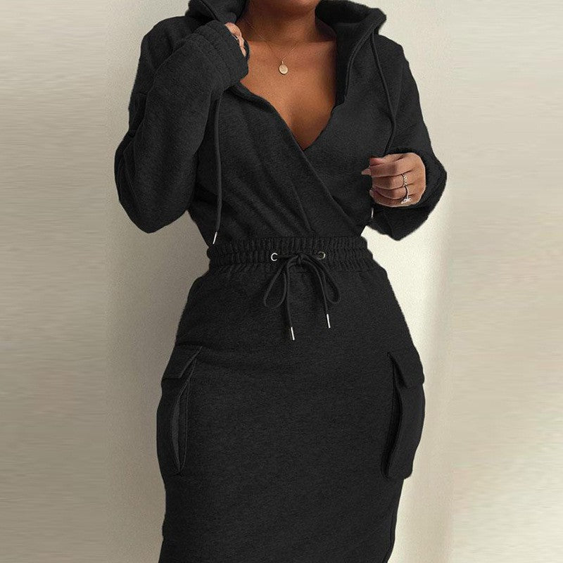 Solid Hooded Drawstring Tight Skirt Suit