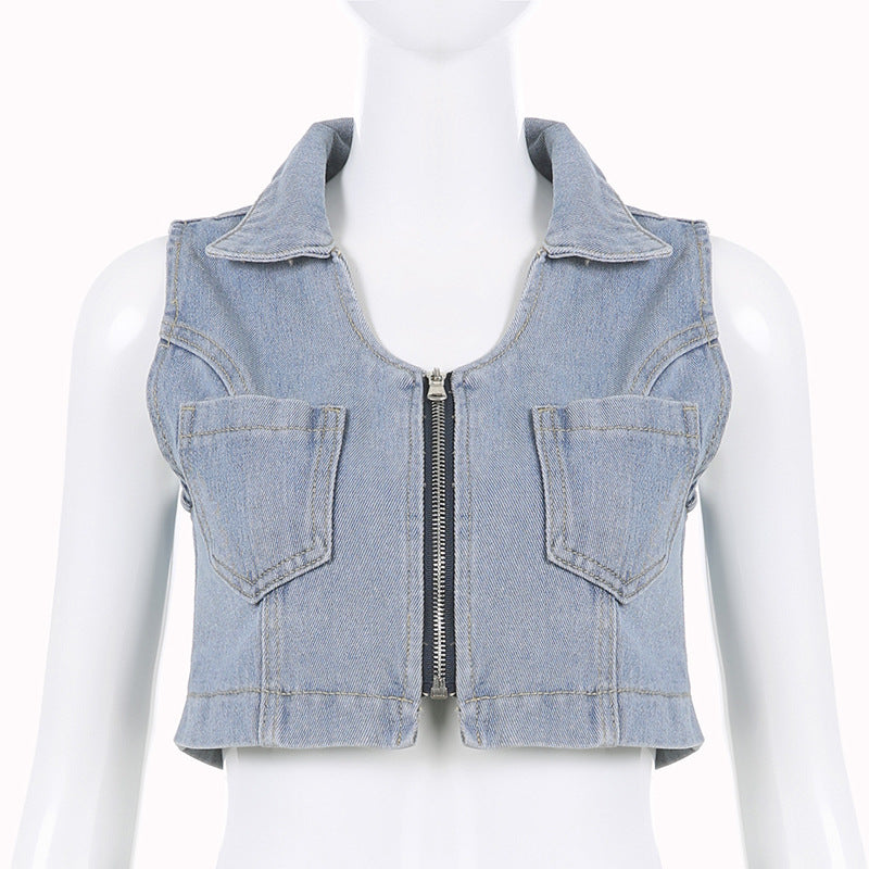 Zipper Sleeveless High Waist Pocket Denim Suit