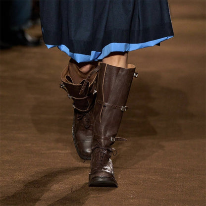 Cowhide Version Miu 2024 Runway Vintage Long Boots Distressed Leather Belt Buckle High Rider Women's Shoes