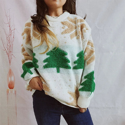 Green Tree Embroidery Knitted Pullover Casual Loose Retro Christmas Sweater