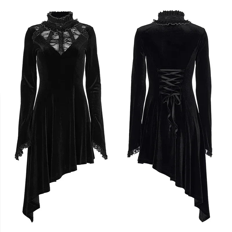 Asymmetric Hem Dense Velvet Lace Metal Adjustable Waist Back Cord Gothic Dress