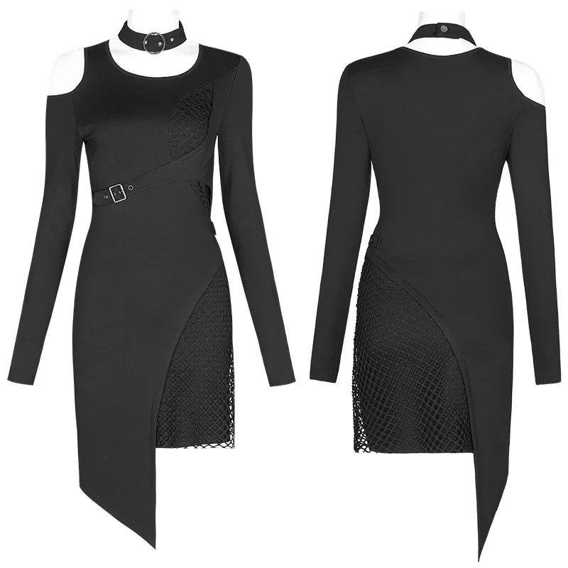 Long Sleeve Collar Removable Shoulder Hollow Elastic Knitted Stitching Diamond Mesh Metal Gothic Dress