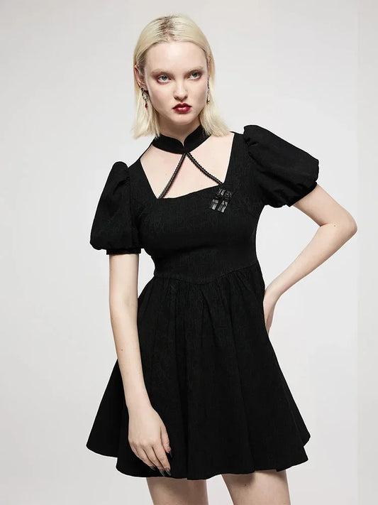 Chinese Style Puff Sleeve Dark Pattern Jacquard Playful Age-reducing Club Youth Black Gothic Dress