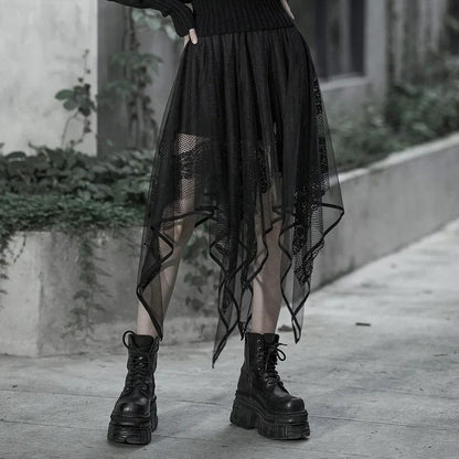 Out Women's Female Irregular Black Lace Skirt Mesh Hollow Gothic Fashion Summer