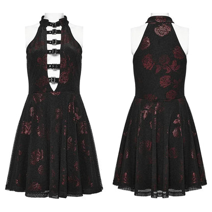 Velvet Floral Elastic Mesh Rose Print Sexy V-neck Sleeveless A-line  Summer Gothic Dress