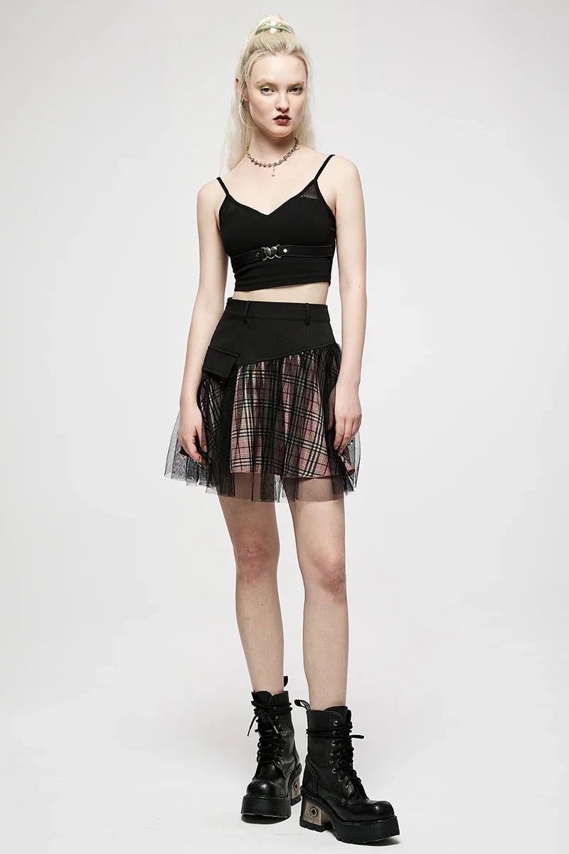 Skirt Mesh Waist Mini High Style Stitched A-line Girl Women's Panel College Youth Short Plaid