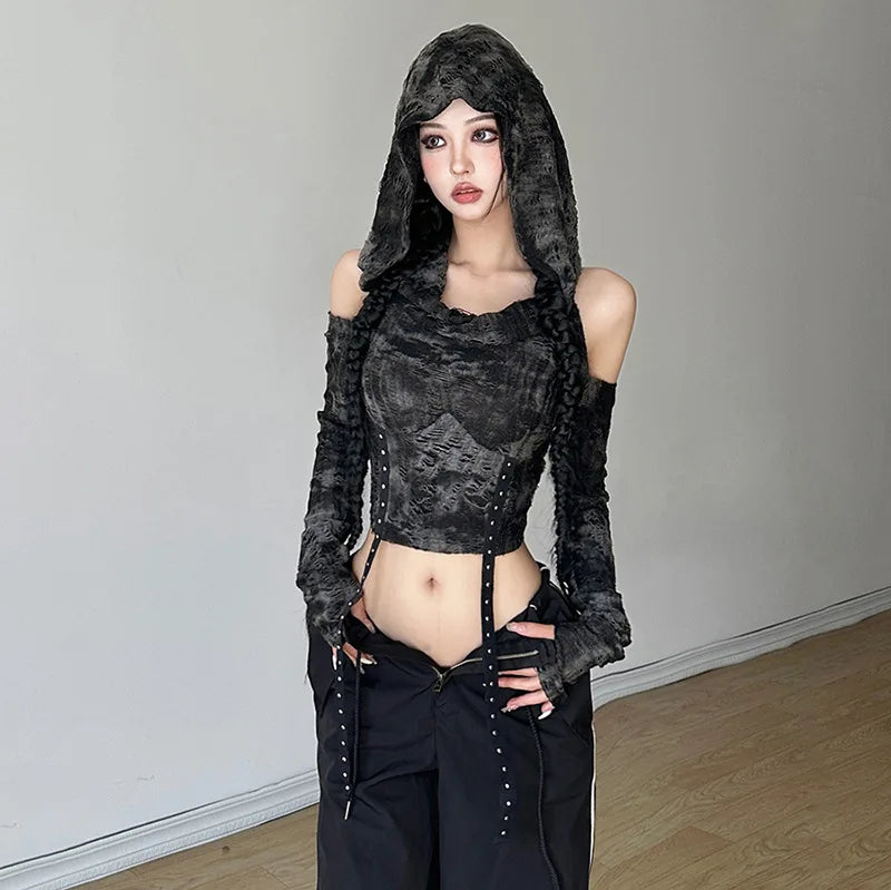 Patchwork Retro Trendy Cool Personalized High Street Youth Sexy Hooded Crop Top