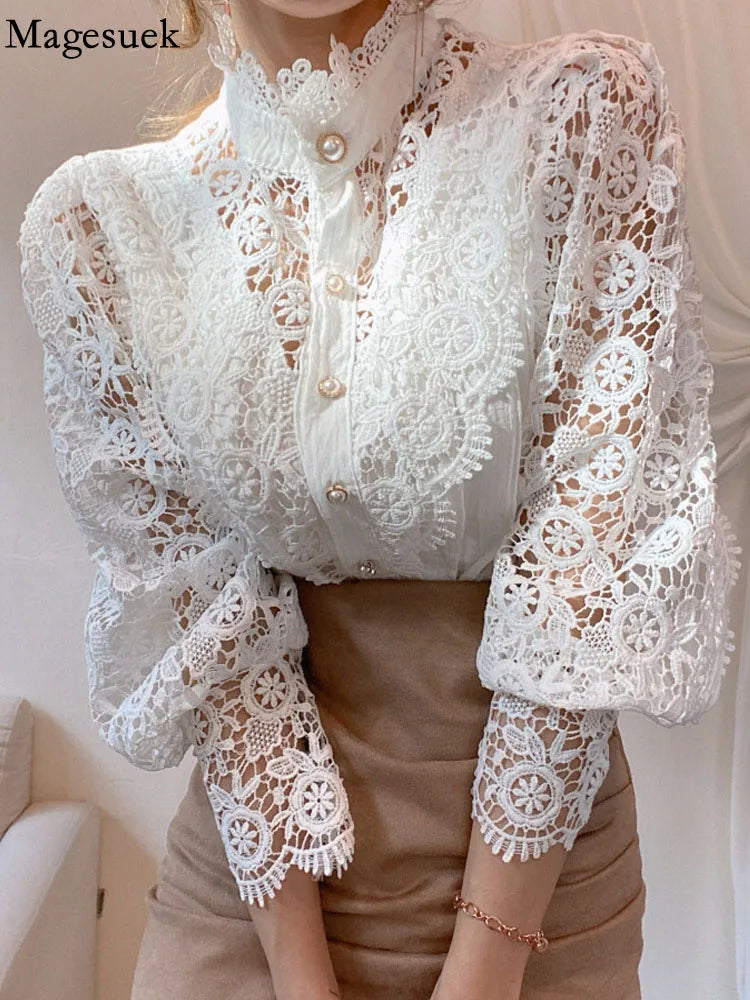 Petal Sleeve Hollow Out Flower Lace Patchwork Blouse