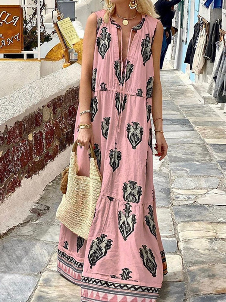 Amy Fashion - Printed Deep V Neck Loose Casual Sleeveless Party Dresses