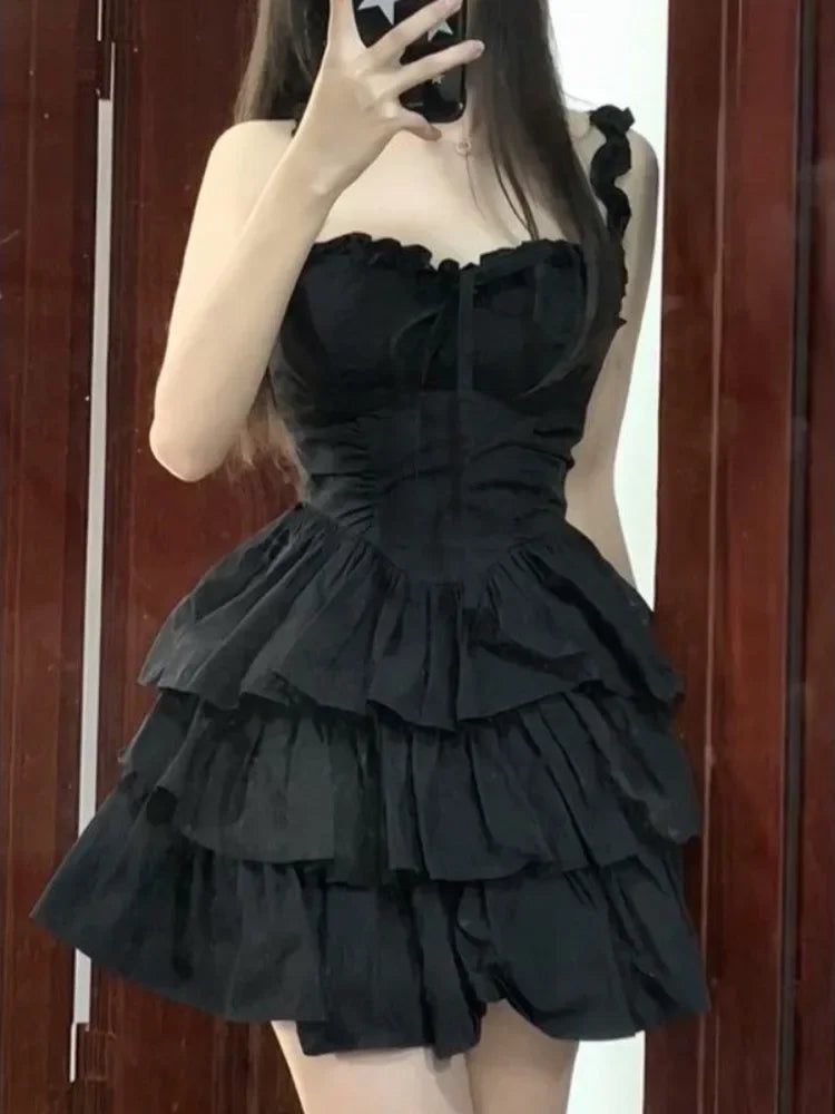 Fashion Cake Hrajuku Y2K Kawaii Soft Ruffles Charming Black Party 2024 Lolita Coquette Goth Dress Short Girl