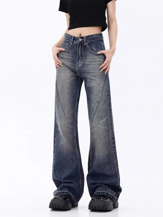 Amy Fashion - Retro Blue Slim Fit Micro Flare Spring And Autumn Loose Spliced Lines Drop Feel Trendy Jean