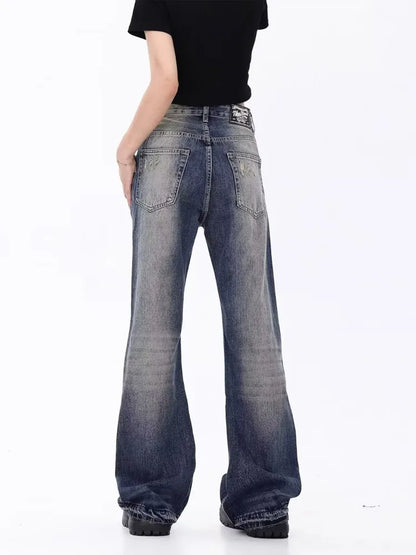 Amy Fashion - Retro Blue Slim Fit Micro Flare Spring And Autumn Loose Spliced Lines Drop Feel Trendy Jean