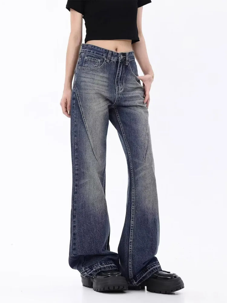 Amy Fashion - Retro Blue Slim Fit Micro Flare Spring And Autumn Loose Spliced Lines Drop Feel Trendy Jean