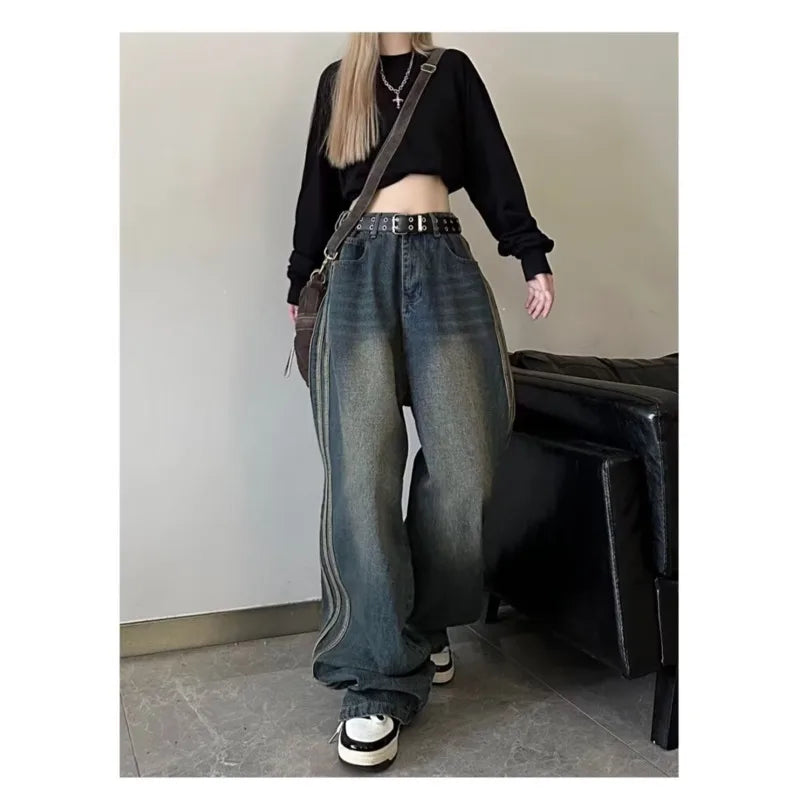 Amy Fashion - Sweeping Floor Spicy Girl Small Loose High Waisted Straight Leg Wide-Leg Jean