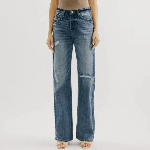 Amy Fashion - Ripped Washed High New Simple Street Loose Straight-leg Denim Jean