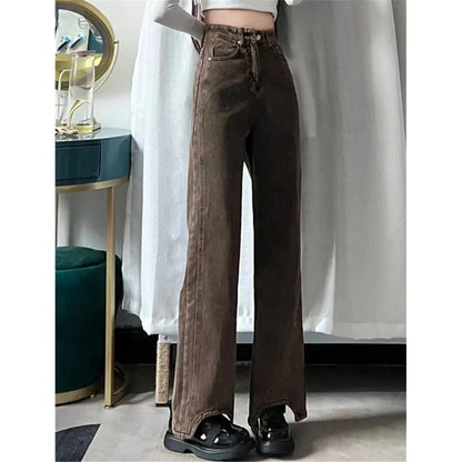 Retro Y2K Brown Wide Leg Irregular Baggy 90s Solid High Waist Comfortable Jeans