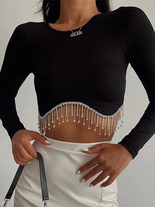 AMY - Rhinestone Tassel Crewneck Elegant Long Sleeve T-shirt Crop Top