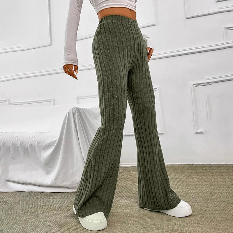 Ribbed Flare Mid Waist Slim Stretch Wide Leg Pants