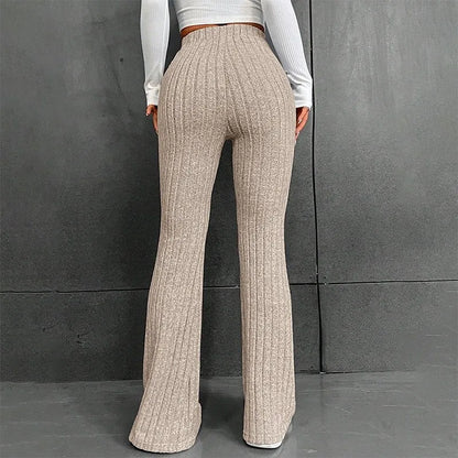 Ribbed Flare Mid Waist Slim Stretch Wide Leg Pants