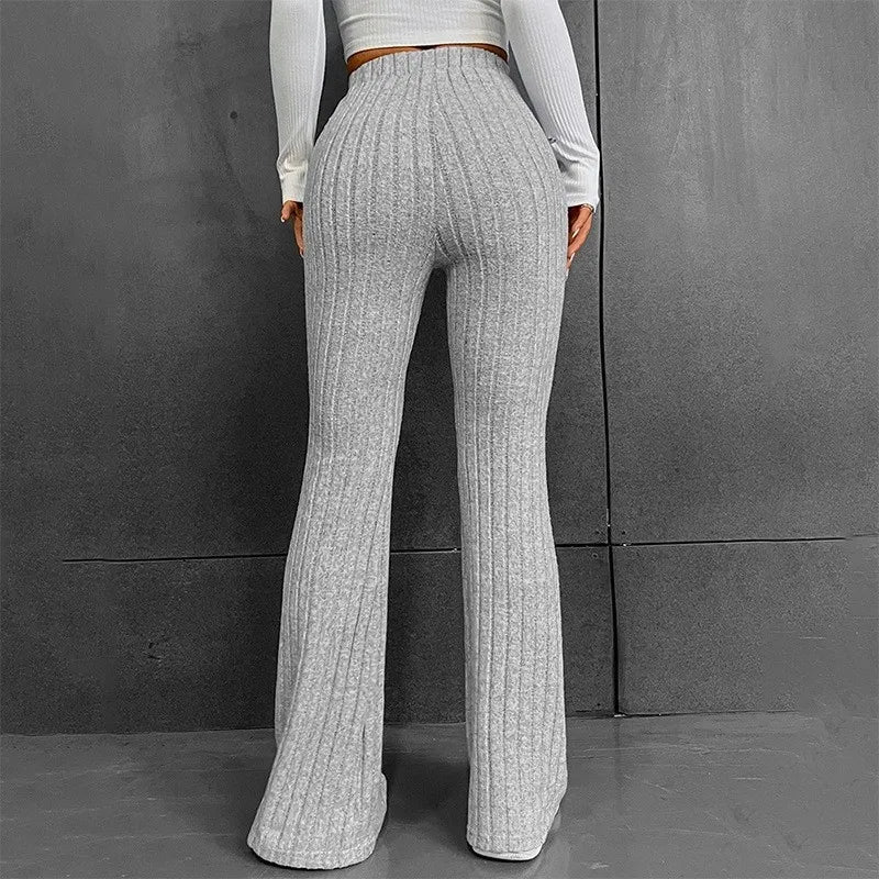 Ribbed Flare Mid Waist Slim Stretch Wide Leg Pants