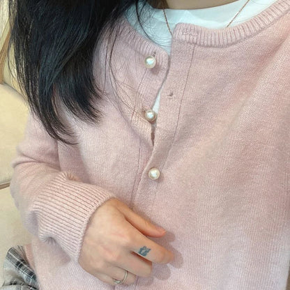 Sweet Pink Knitted O-Neck Long Sleeve Button Up Solid Color Cozy Chic Stylish Cardigan