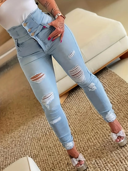 Amy Fashion - Ripped Holes Casual Skinny Autumn Slash Pockets Distressed Single-Breasted Button High Waist Denim Jean