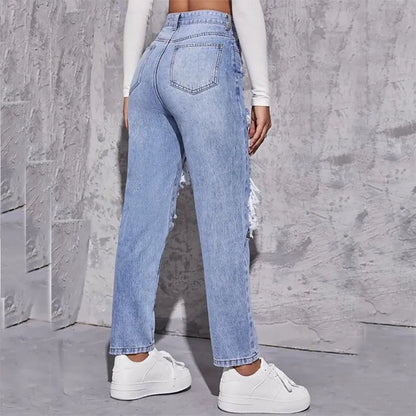 Amy Fashion - Ripped Straight Leg Women High Waist Loose Holes Casual High Streetwear Fashion Denim Jean