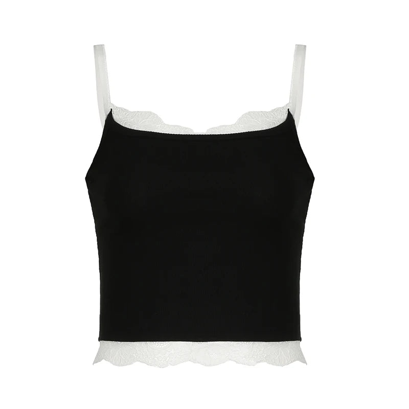 Lace Patchwork Solid Cropped Sleeveless Knitted Mini Crop Top