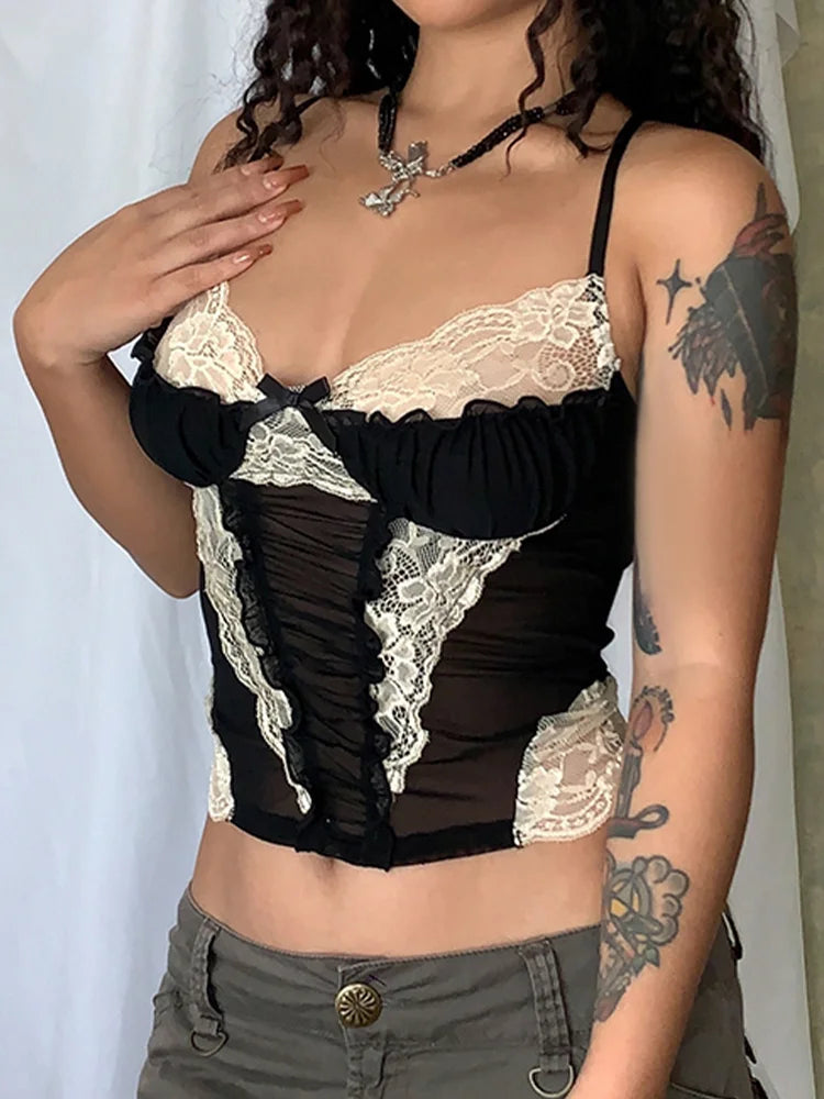 Stitching Gothic Mesh Top Lace Corset Crop